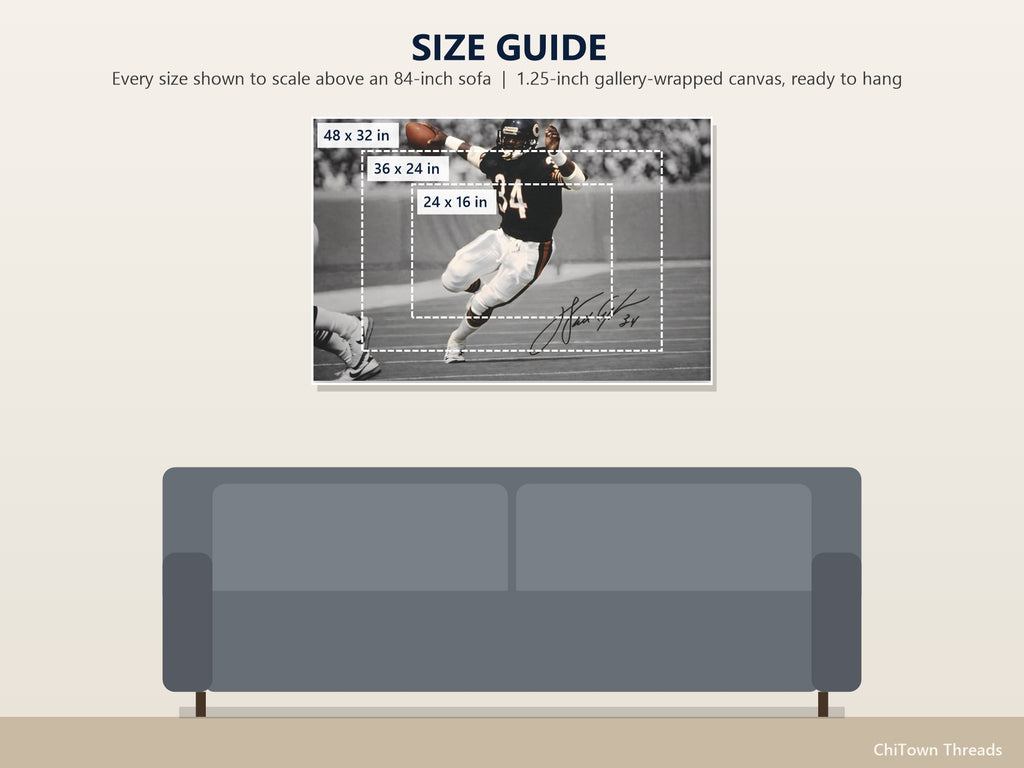Walter Payton #34 Canvas Wall Art | Sweetness — size guide: 24 x 16, 36 x 24, 48 x 32 in to scale above a sofa