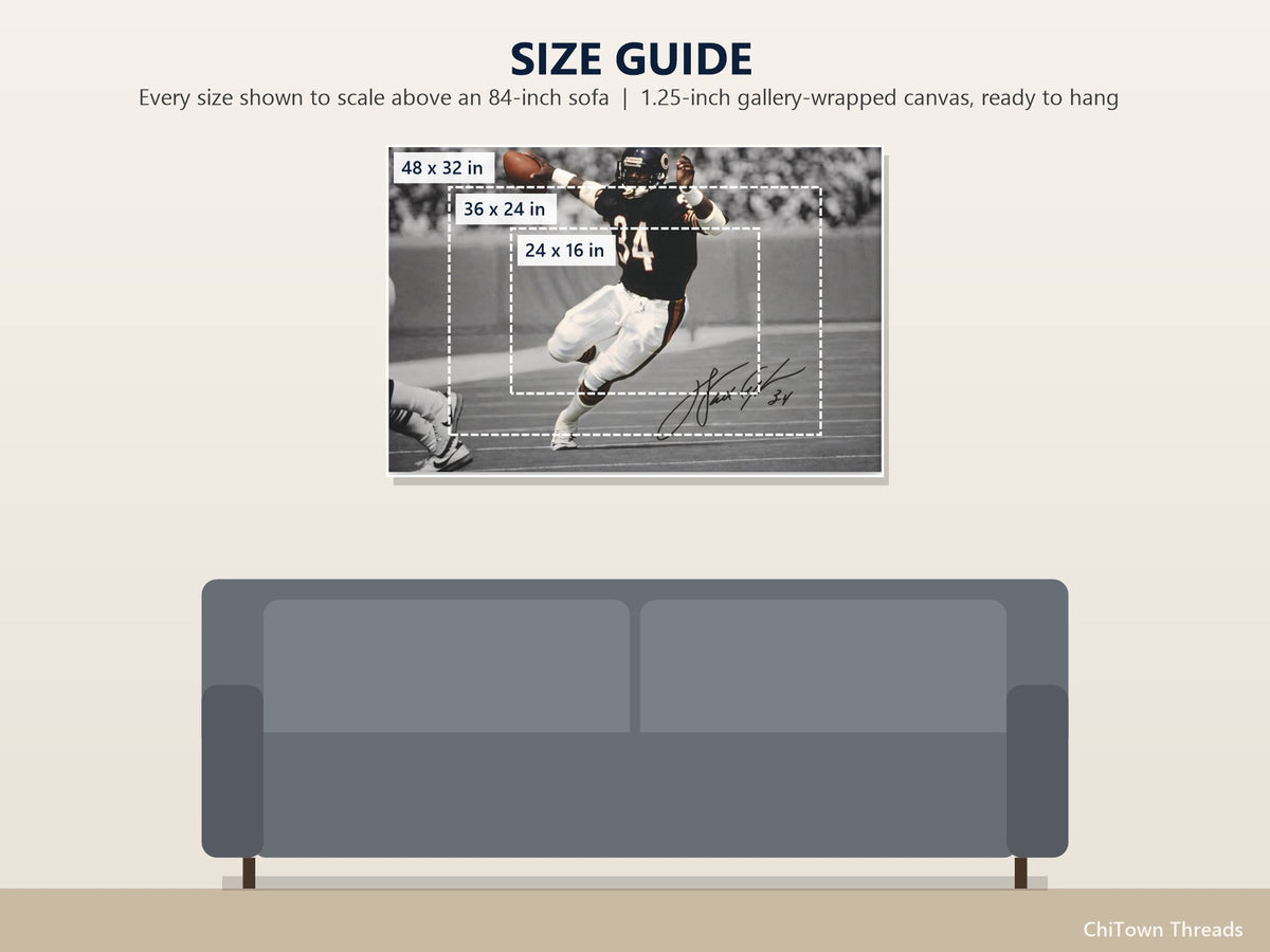 Walter Payton #34 Canvas Wall Art | Sweetness — size guide: 24 x 16, 36 x 24, 48 x 32 in to scale above a sofa