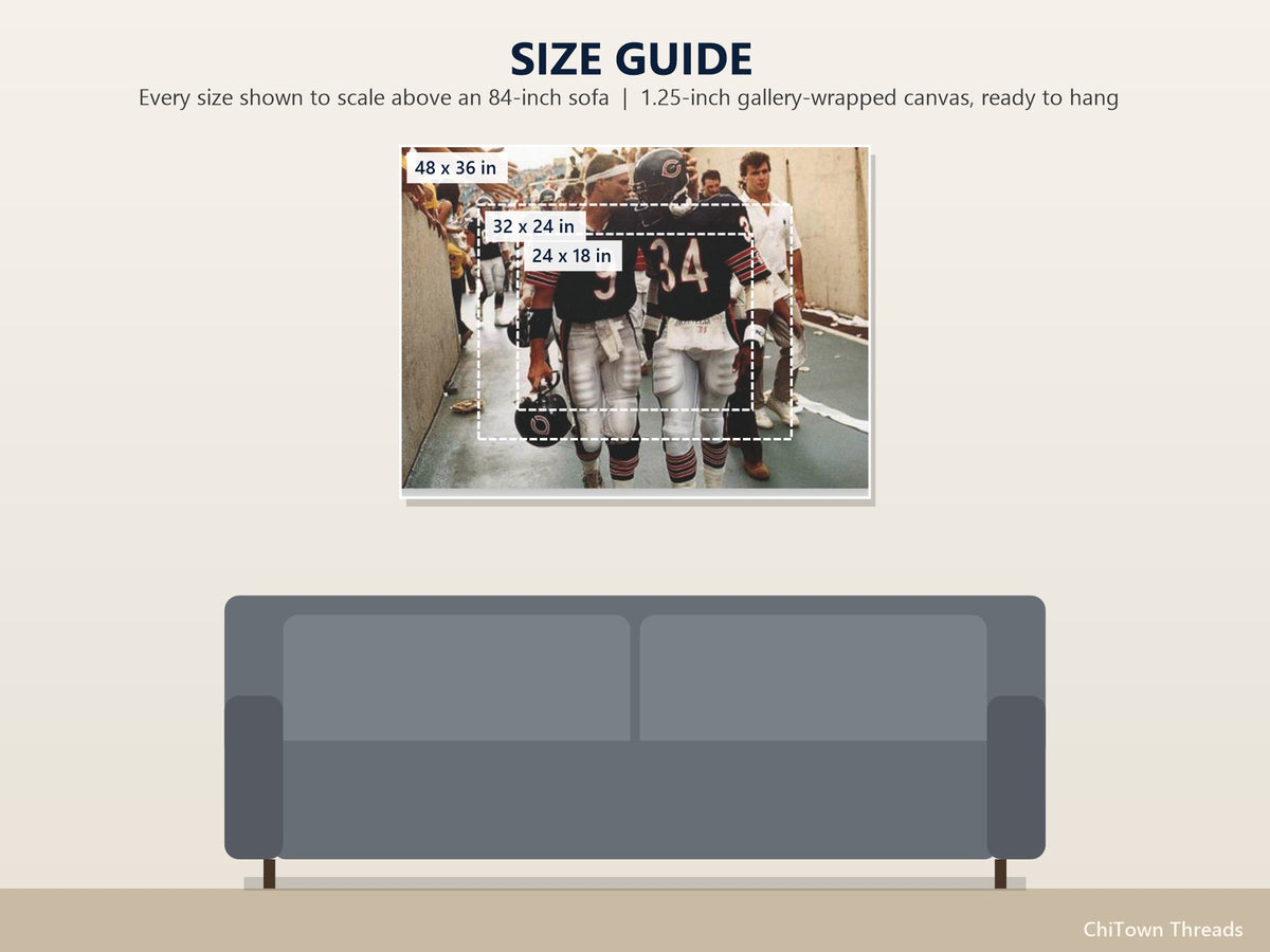 Walter Payton & Jim McMahon Canvas Wall Art — size guide: 24 x 18, 32 x 24, 48 x 36 in to scale above a sofa