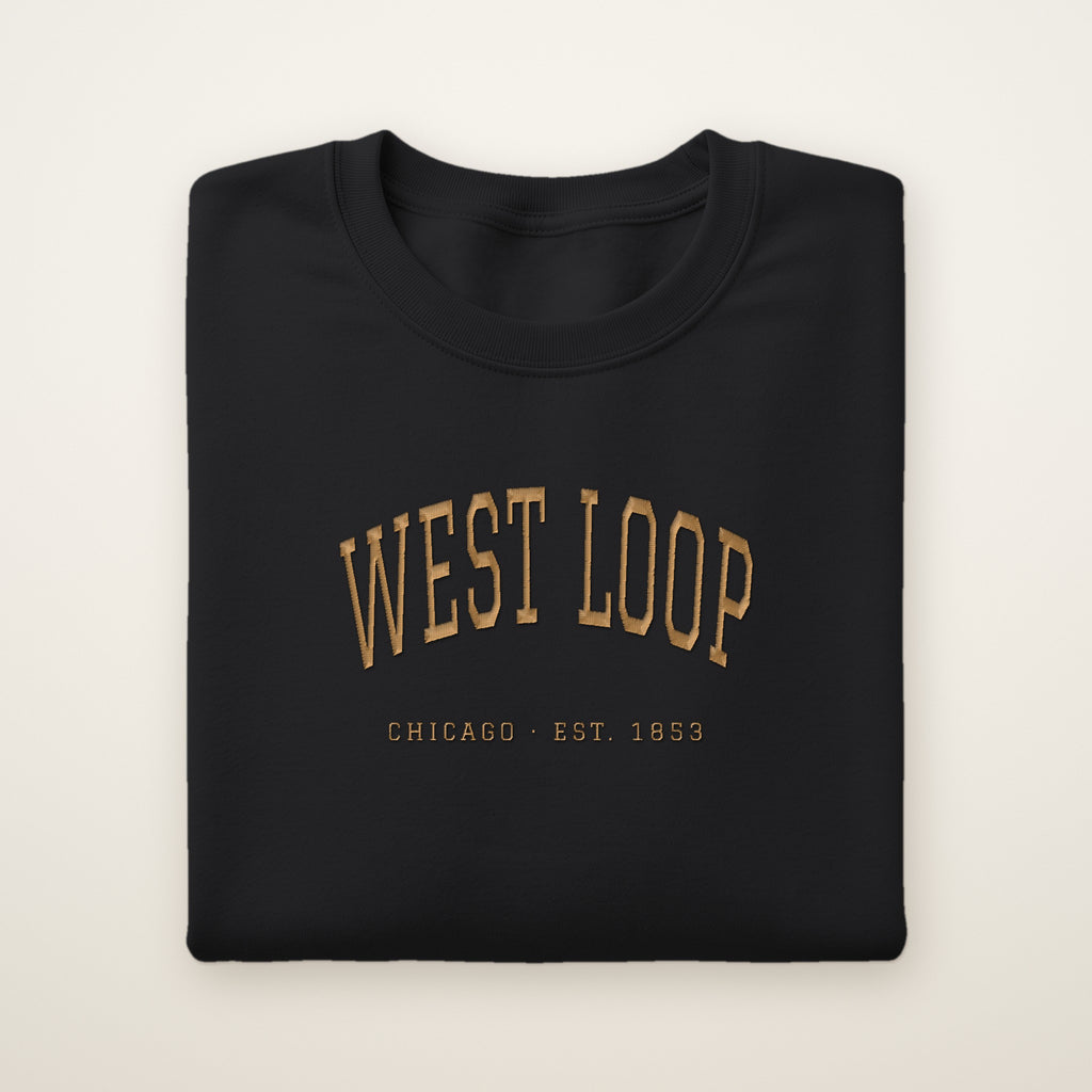 West Loop Chicago embroidered crewneck sweatshirt, Black, gold embroidery