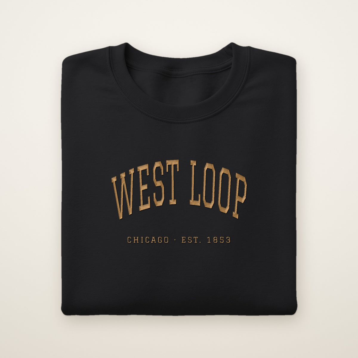 West Loop Chicago embroidered crewneck sweatshirt, Black, gold embroidery