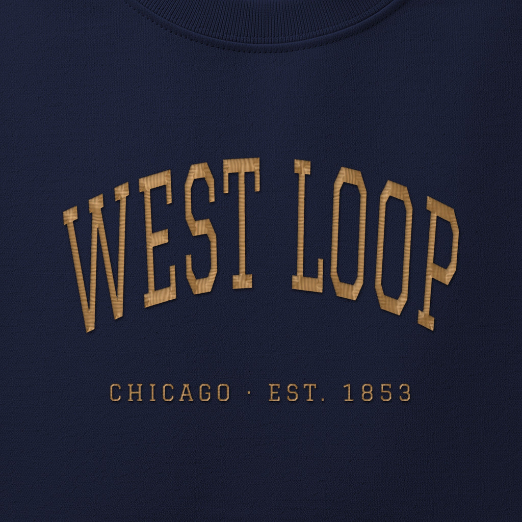 Close-up of gold satin-stitch West Loop embroidery