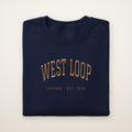 West Loop Chicago embroidered crewneck sweatshirt, Navy, gold embroidery