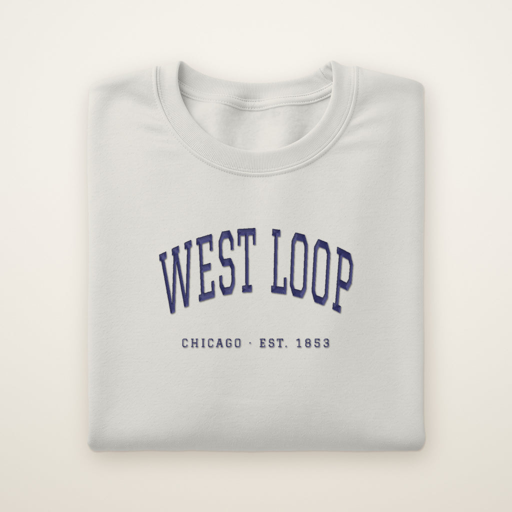 West Loop Chicago embroidered crewneck sweatshirt, Ash, navy embroidery