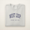West Loop Chicago embroidered crewneck sweatshirt, Ash, navy embroidery