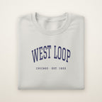 West Loop Chicago embroidered crewneck sweatshirt, Ash, navy embroidery