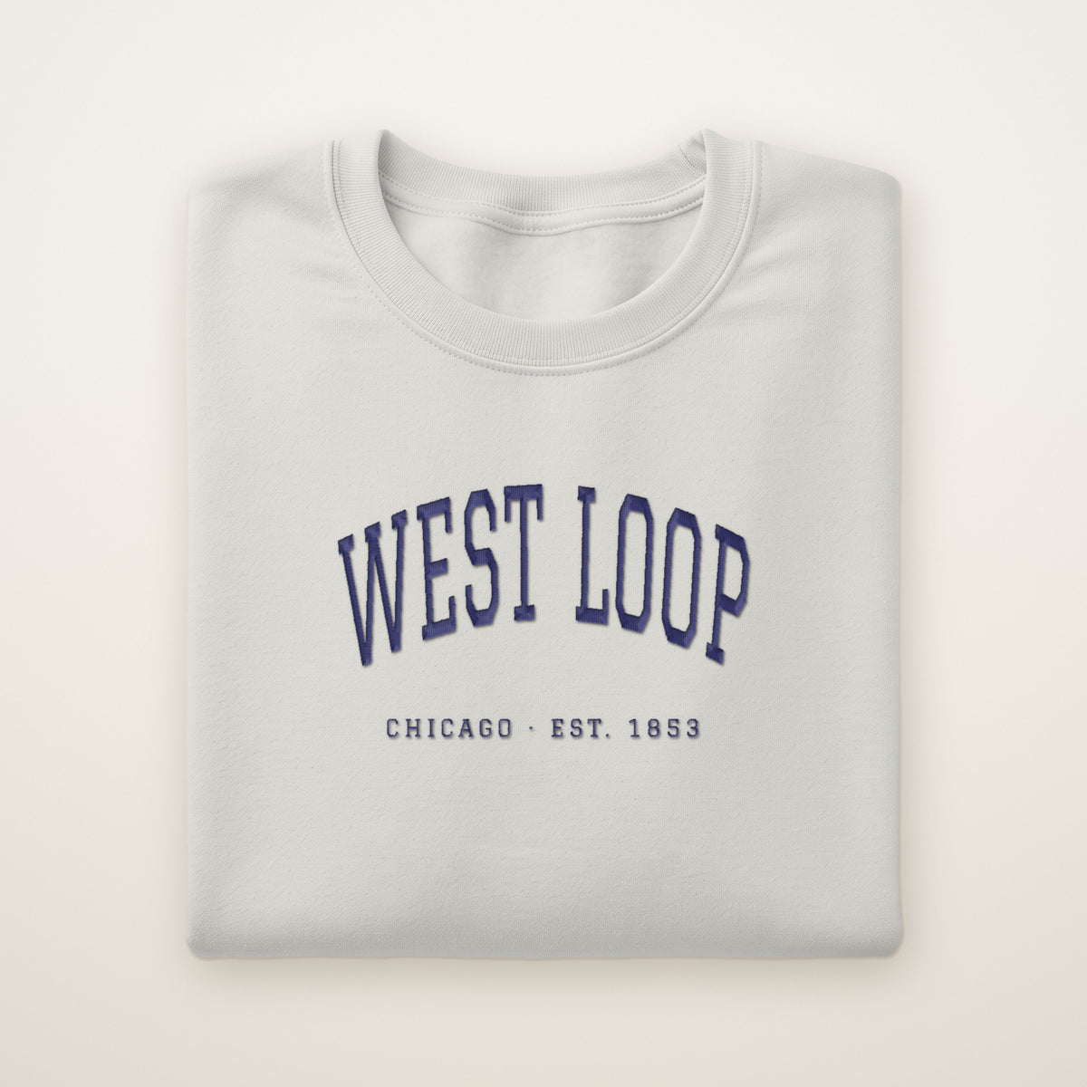 West Loop Chicago embroidered crewneck sweatshirt, Ash, navy embroidery