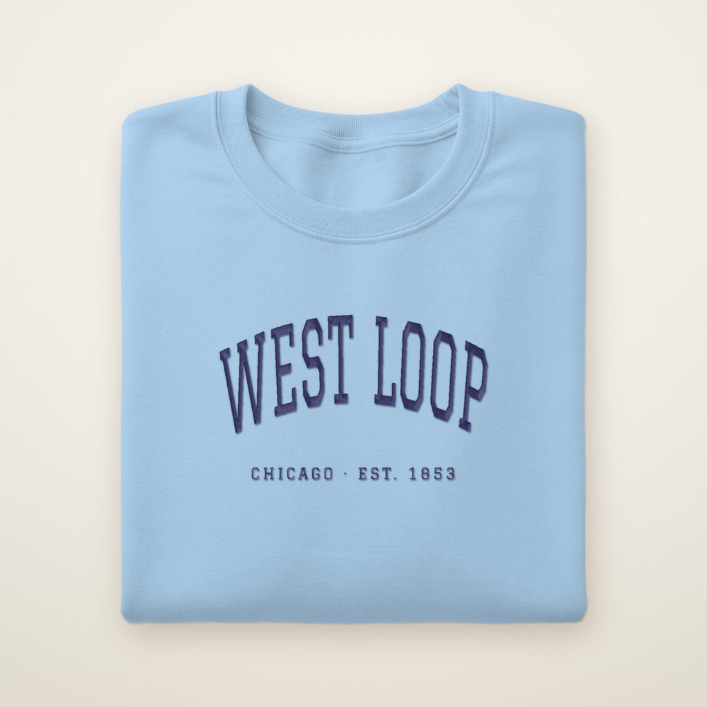 West Loop Chicago embroidered crewneck sweatshirt, Light Blue, navy embroidery