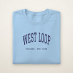 West Loop Chicago embroidered crewneck sweatshirt, Light Blue, navy embroidery