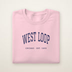 West Loop Chicago embroidered crewneck sweatshirt, Light Pink, navy embroidery