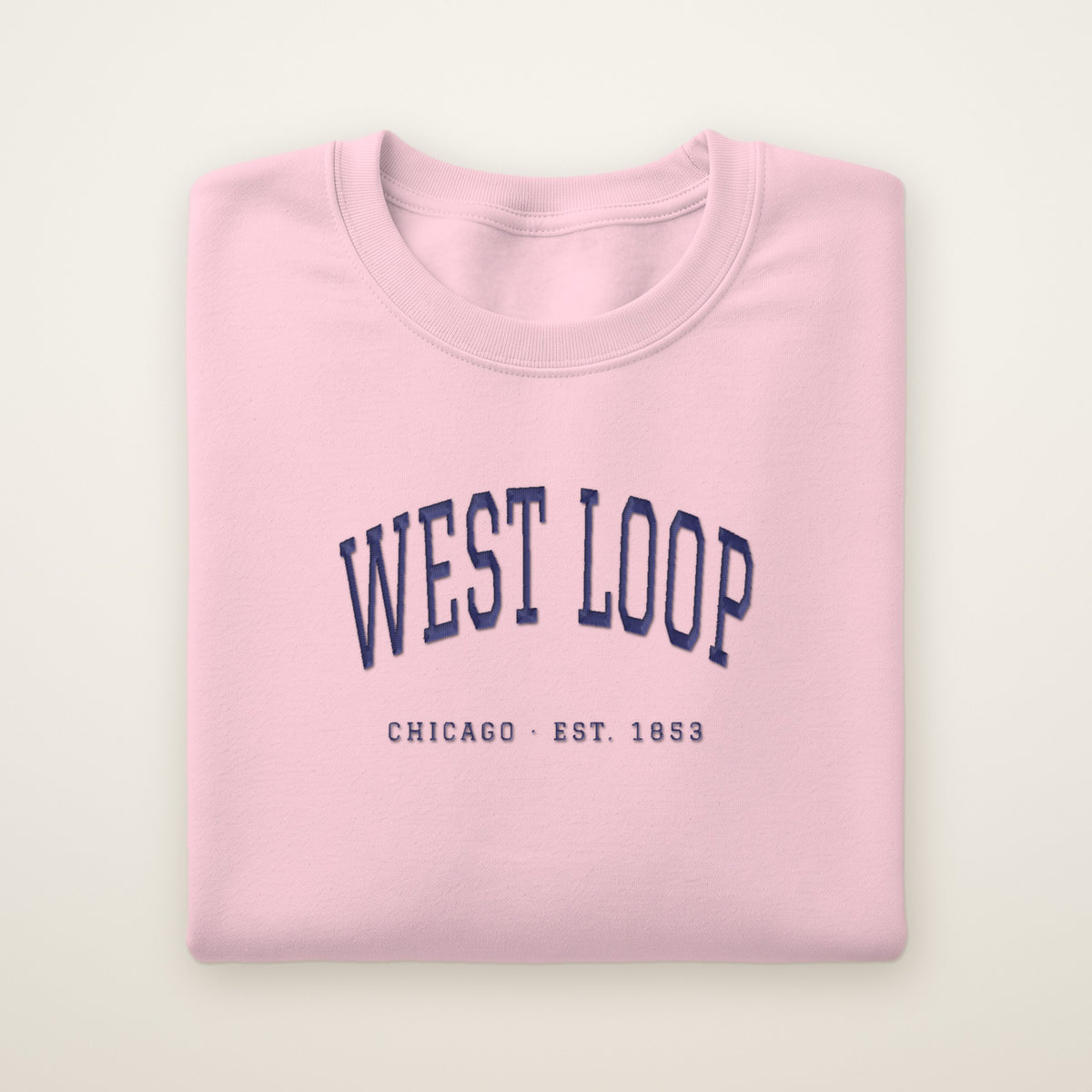 West Loop Chicago embroidered crewneck sweatshirt, Light Pink, navy embroidery