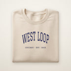 West Loop Chicago embroidered crewneck sweatshirt, Sand, navy embroidery