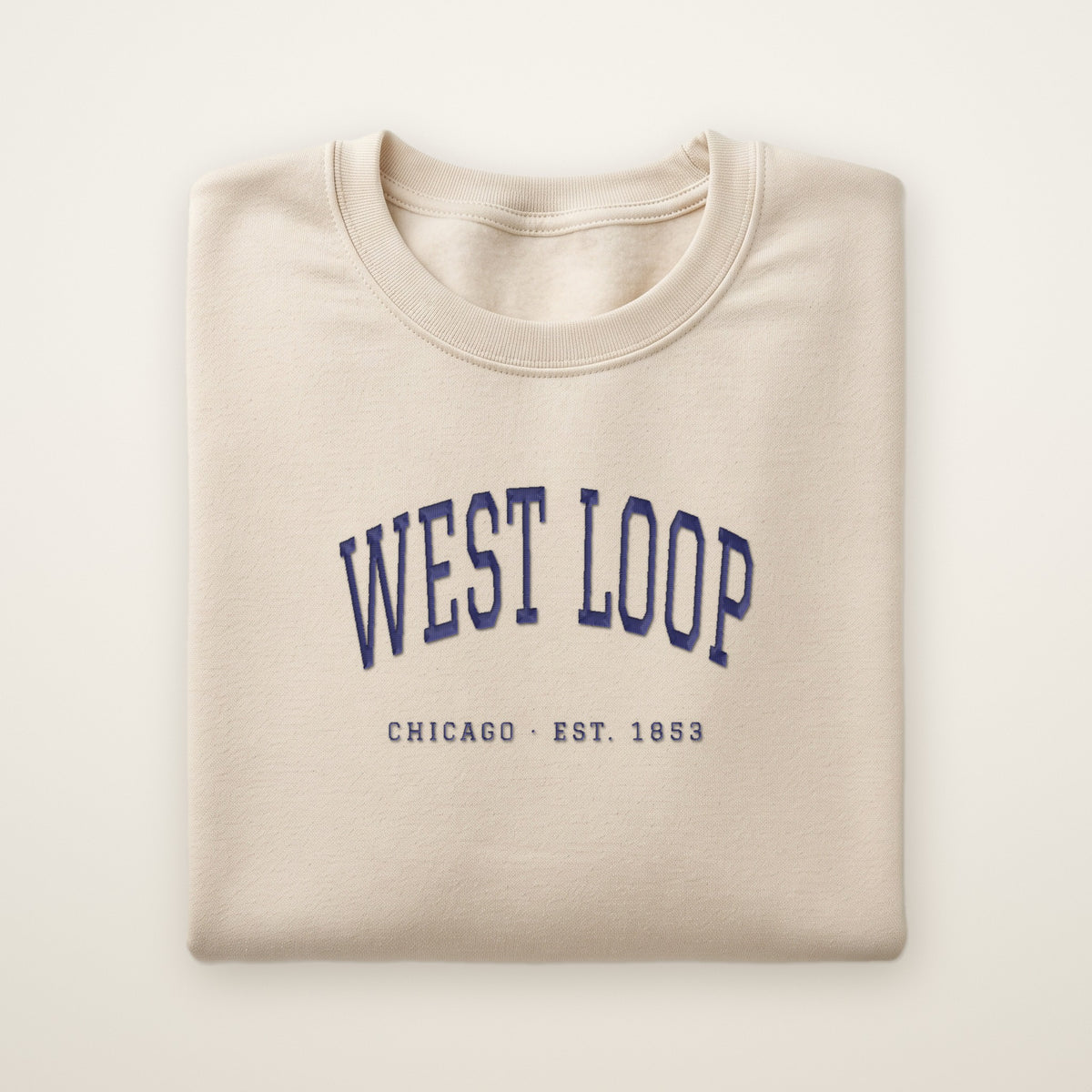 West Loop Chicago embroidered crewneck sweatshirt, Sand, navy embroidery
