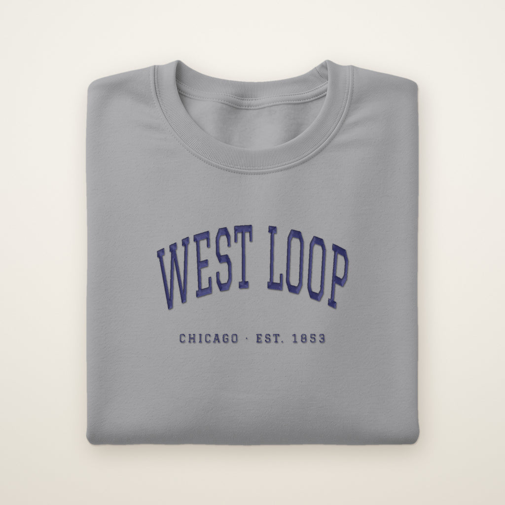 West Loop Chicago embroidered crewneck sweatshirt, Sport Grey, navy embroidery