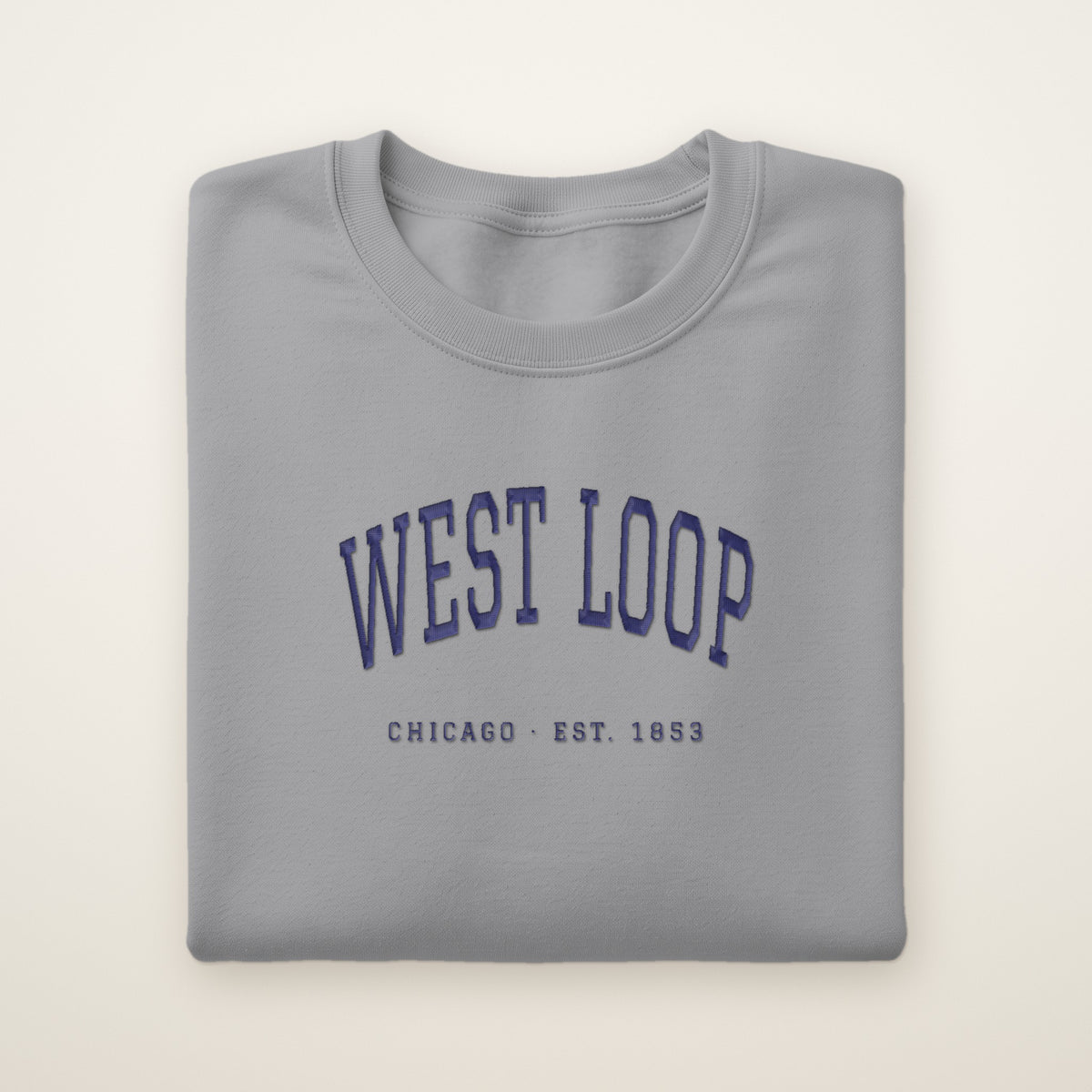 West Loop Chicago embroidered crewneck sweatshirt, Sport Grey, navy embroidery