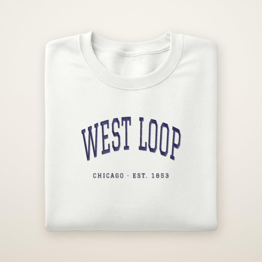 West Loop Chicago embroidered crewneck sweatshirt, White, navy embroidery