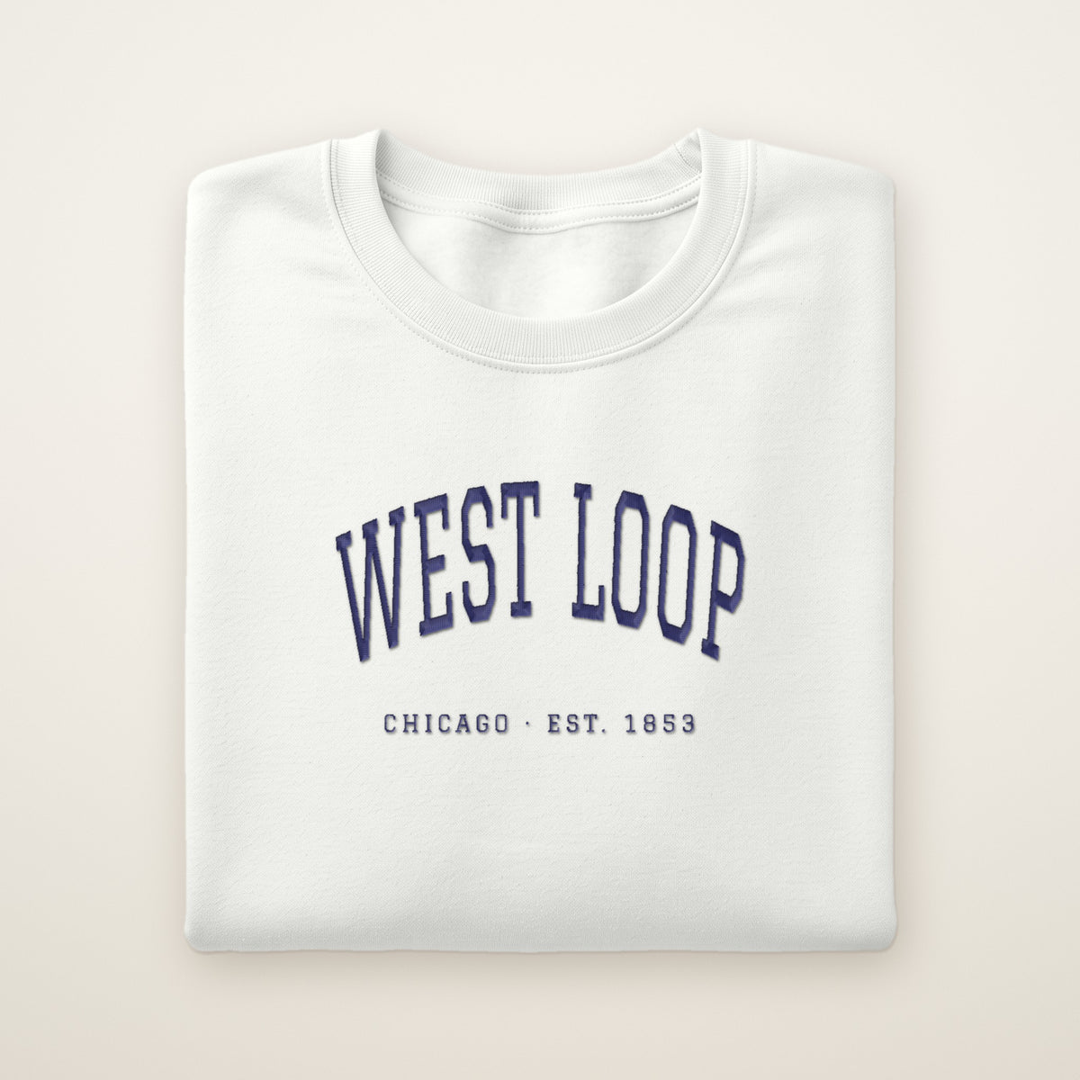 West Loop Chicago embroidered crewneck sweatshirt, White, navy embroidery