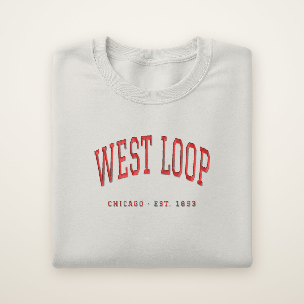 West Loop Chicago embroidered crewneck sweatshirt, Ash, red embroidery
