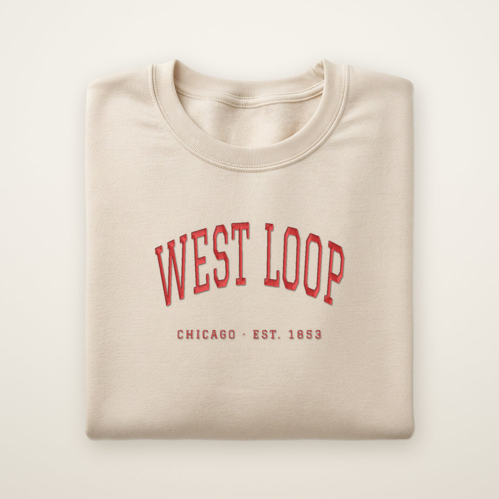 West Loop Chicago embroidered crewneck sweatshirt, Sand, red embroidery