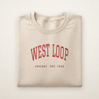 West Loop Chicago embroidered crewneck sweatshirt, Sand, red embroidery