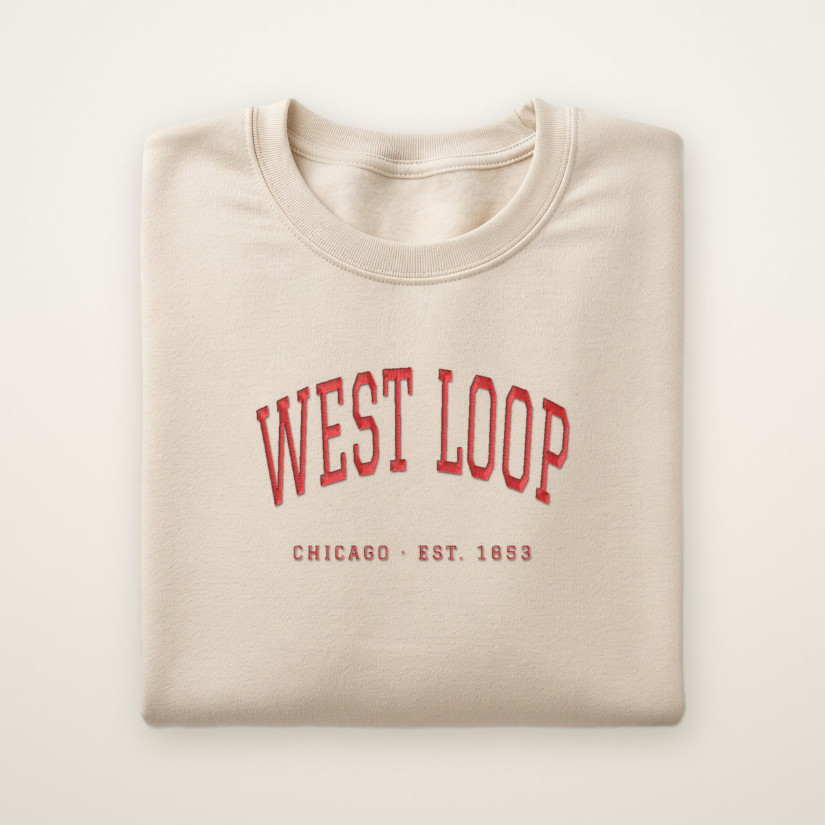 West Loop Chicago embroidered crewneck sweatshirt, Sand, red embroidery