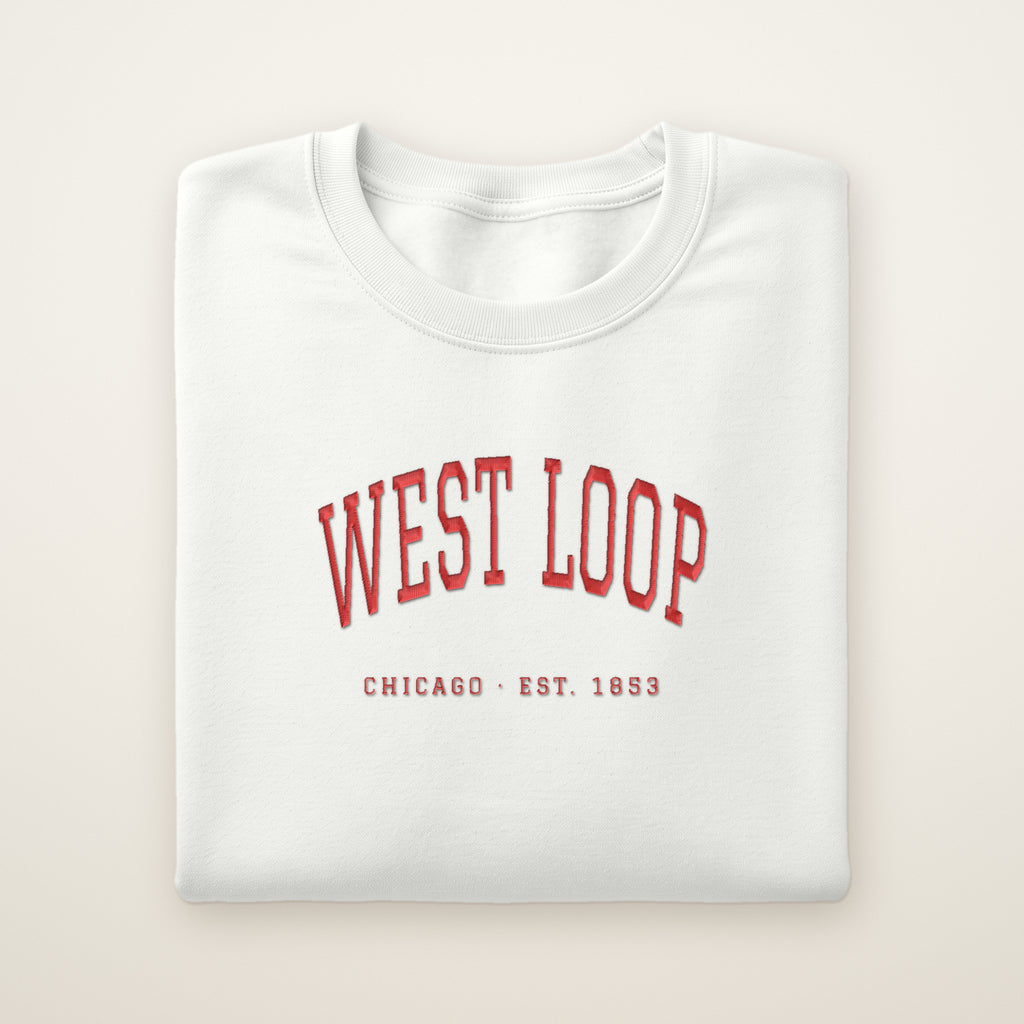 West Loop Chicago embroidered crewneck sweatshirt, White, red embroidery