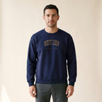 Model wearing the West Loop Chicago Embroidered Crewneck — Gold Thread in Navy