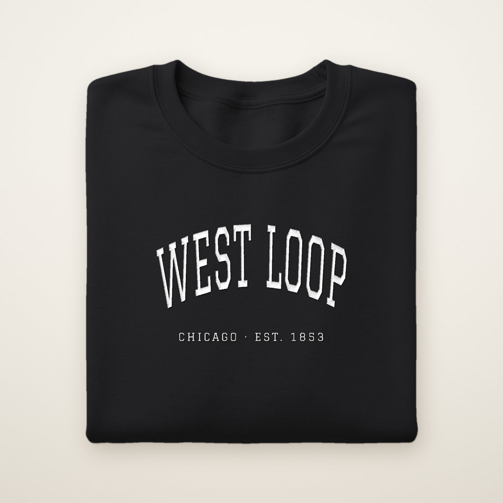 West Loop Chicago embroidered crewneck sweatshirt, Black, white embroidery