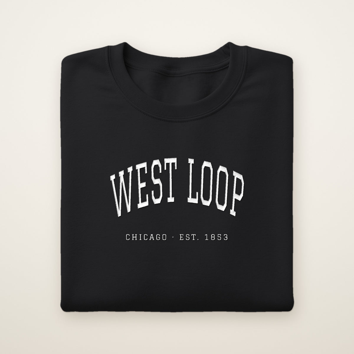 West Loop Chicago embroidered crewneck sweatshirt, Black, white embroidery