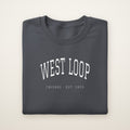 West Loop Chicago embroidered crewneck sweatshirt, Dark Heather, white embroidery