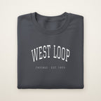 West Loop Chicago embroidered crewneck sweatshirt, Dark Heather, white embroidery