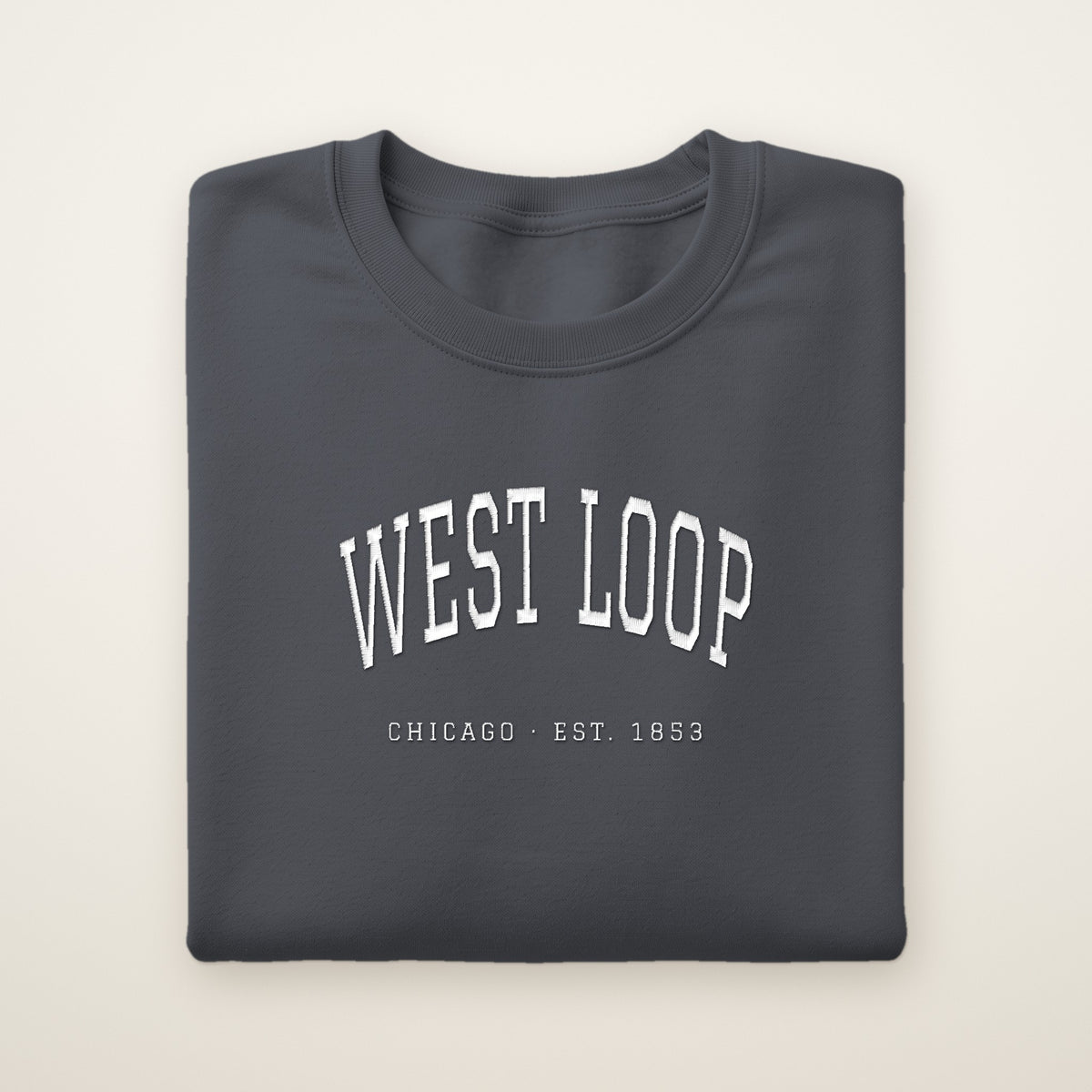 West Loop Chicago embroidered crewneck sweatshirt, Dark Heather, white embroidery
