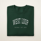 West Loop Chicago embroidered crewneck sweatshirt, Forest Green, white embroidery