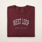 West Loop Chicago embroidered crewneck sweatshirt, Maroon, white embroidery