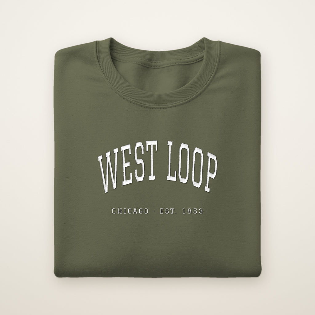 West Loop Chicago embroidered crewneck sweatshirt, Military Green, white embroidery