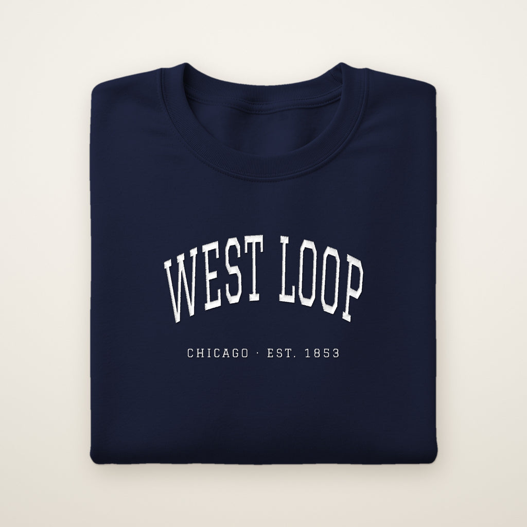 West Loop Chicago embroidered crewneck sweatshirt, Navy, white embroidery