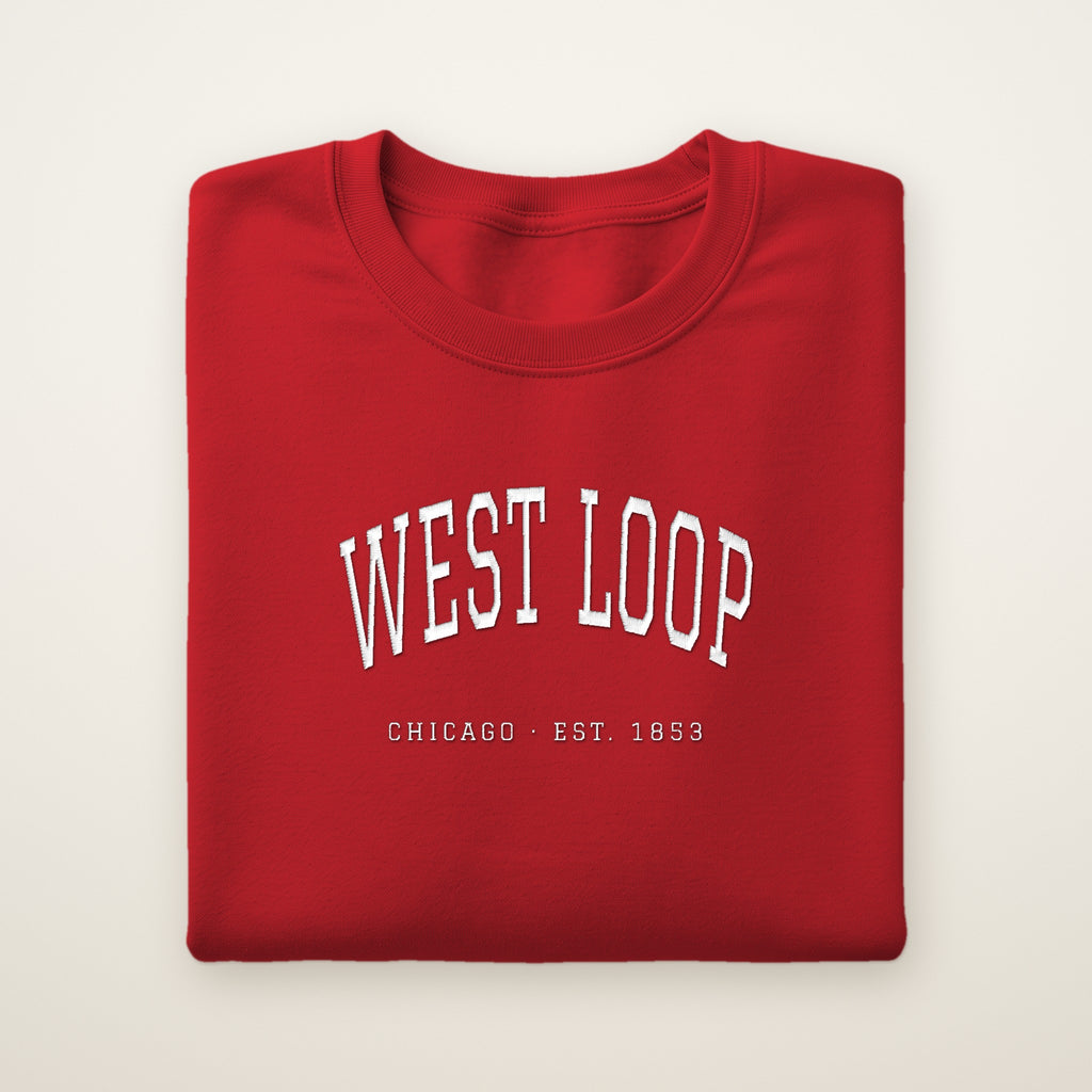 West Loop Chicago embroidered crewneck sweatshirt, Red, white embroidery