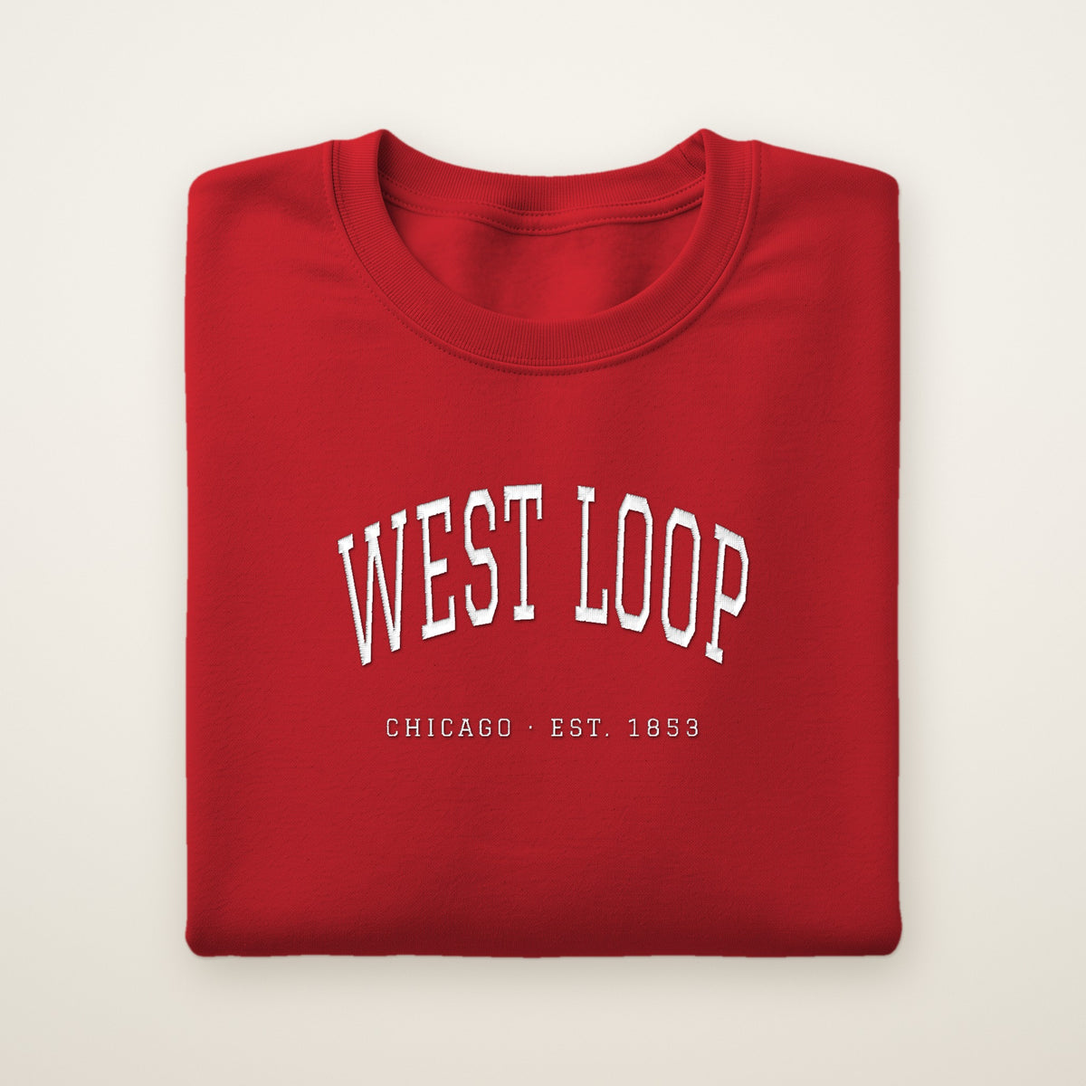West Loop Chicago embroidered crewneck sweatshirt, Red, white embroidery