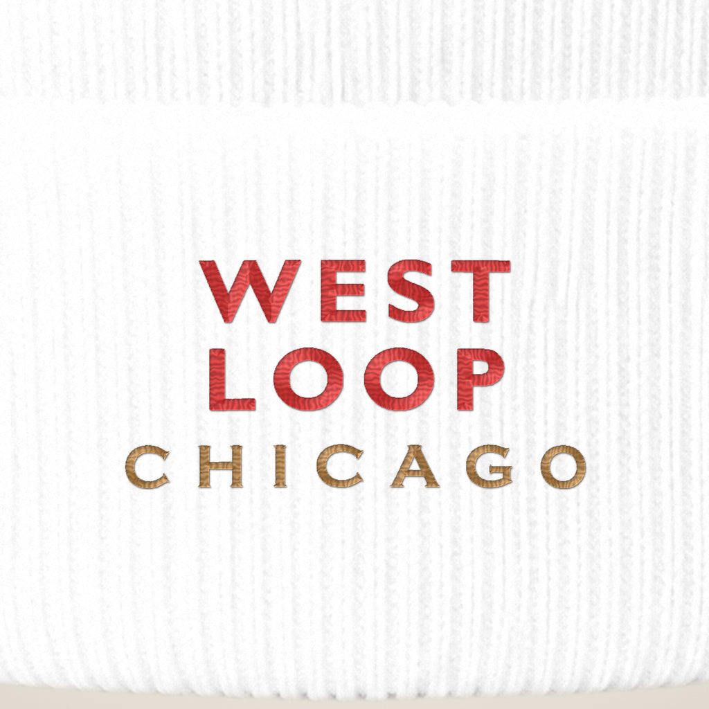 West Loop Chicago embroidery close-up in red and old gold thread