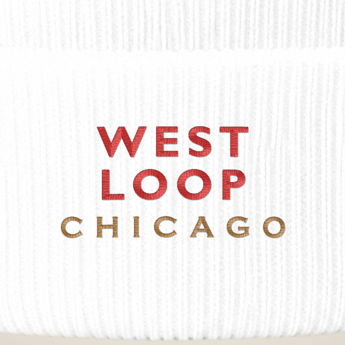 West Loop Chicago embroidery close-up in red and old gold thread