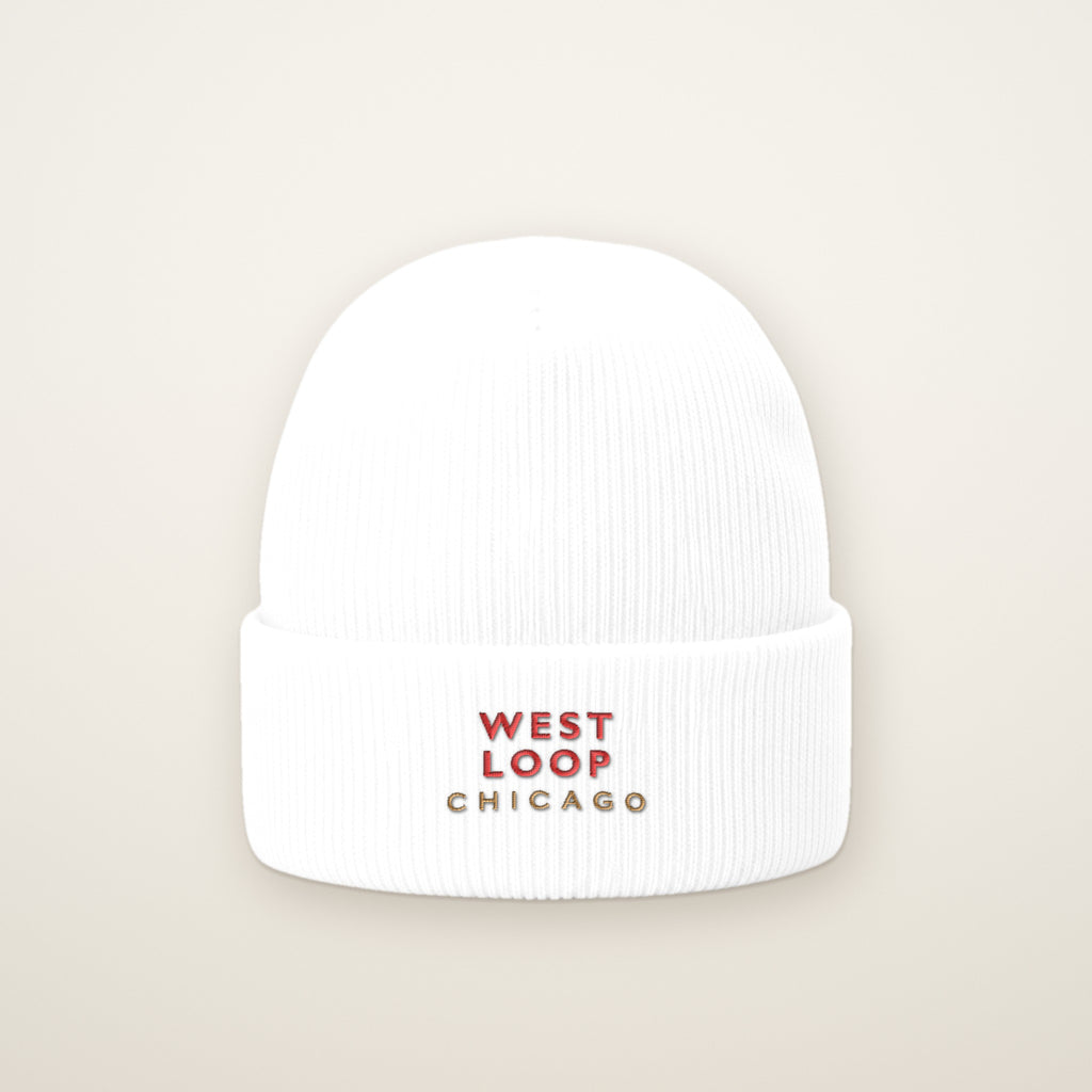 West Loop Chicago Embroidered Cuffed Beanie, Red Thread, front view