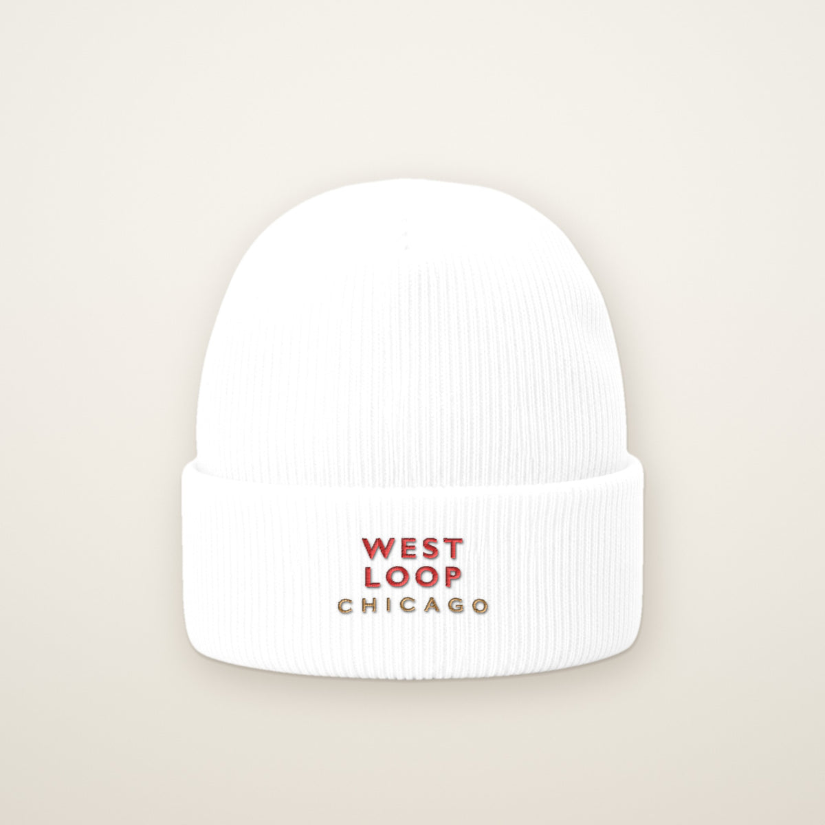 West Loop Chicago Embroidered Cuffed Beanie, Red Thread, front view