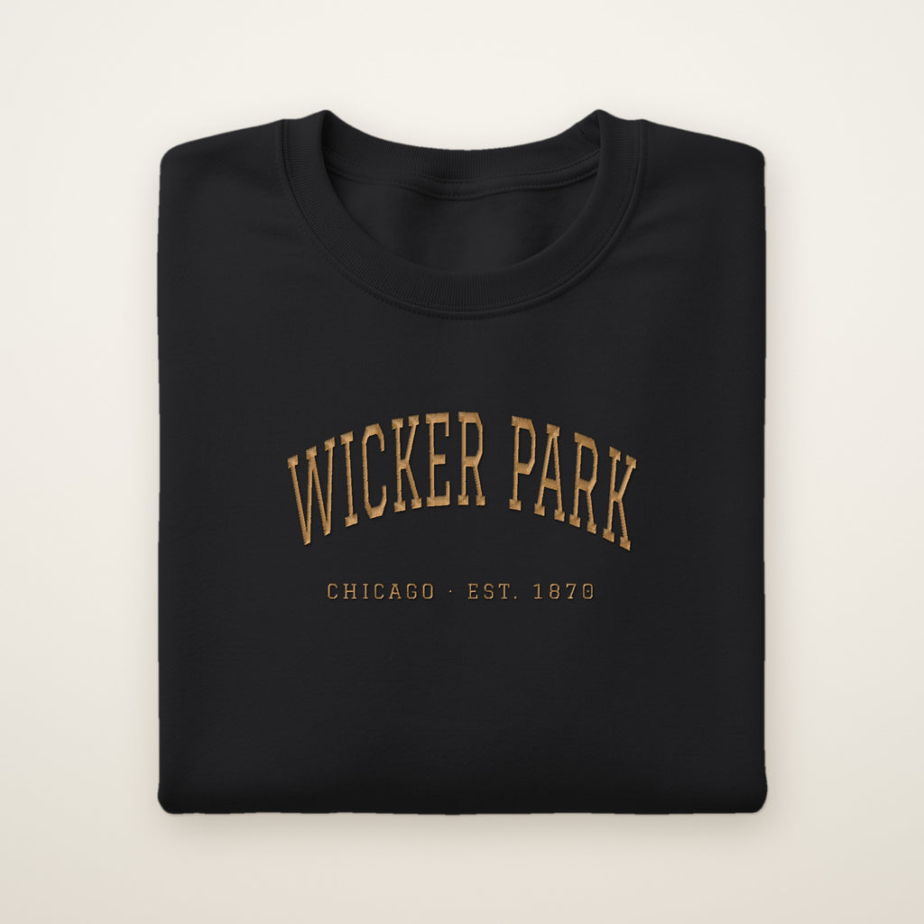 Wicker Park Chicago embroidered crewneck sweatshirt, Black, gold embroidery