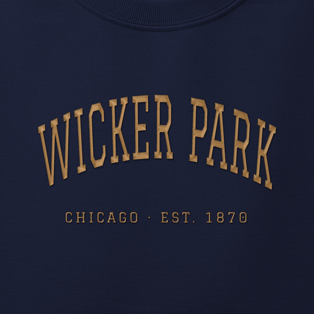 Close-up of gold satin-stitch Wicker Park embroidery