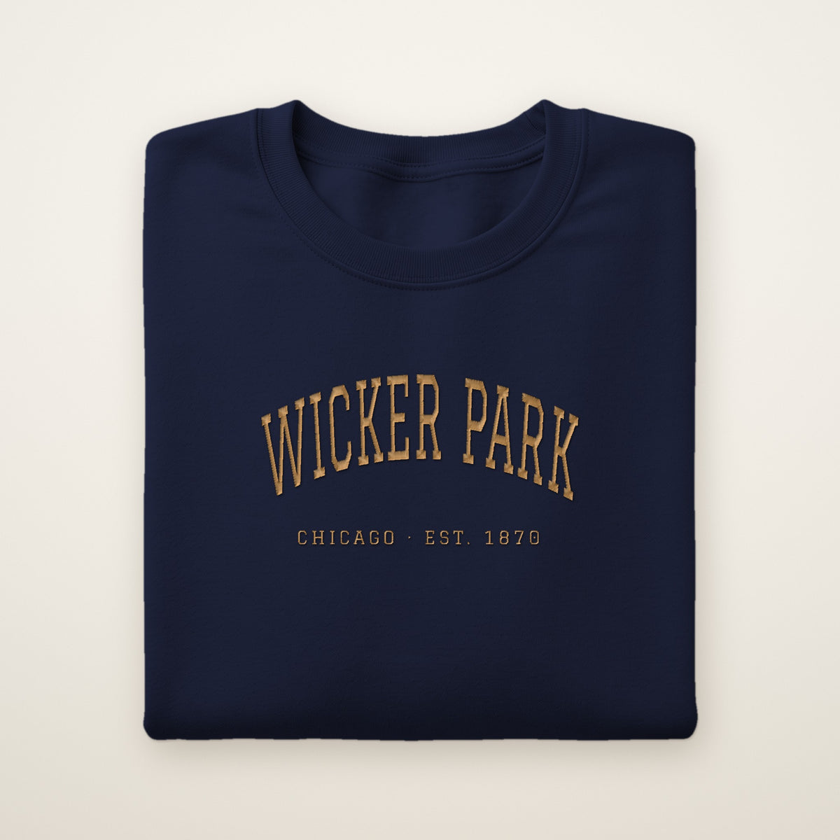 Wicker Park Chicago embroidered crewneck sweatshirt, Navy, gold embroidery
