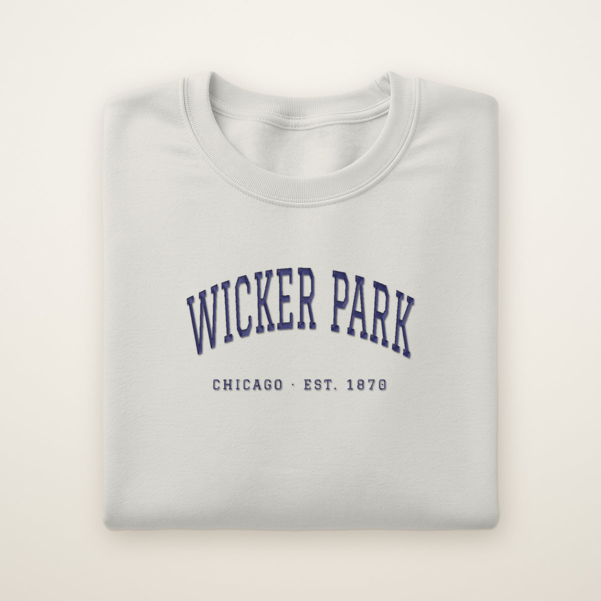 Wicker Park Chicago embroidered crewneck sweatshirt, Ash, navy embroidery