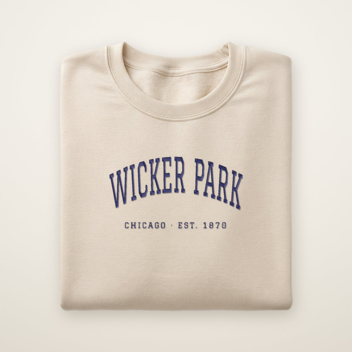 Wicker Park Chicago embroidered crewneck sweatshirt, Sand, navy embroidery