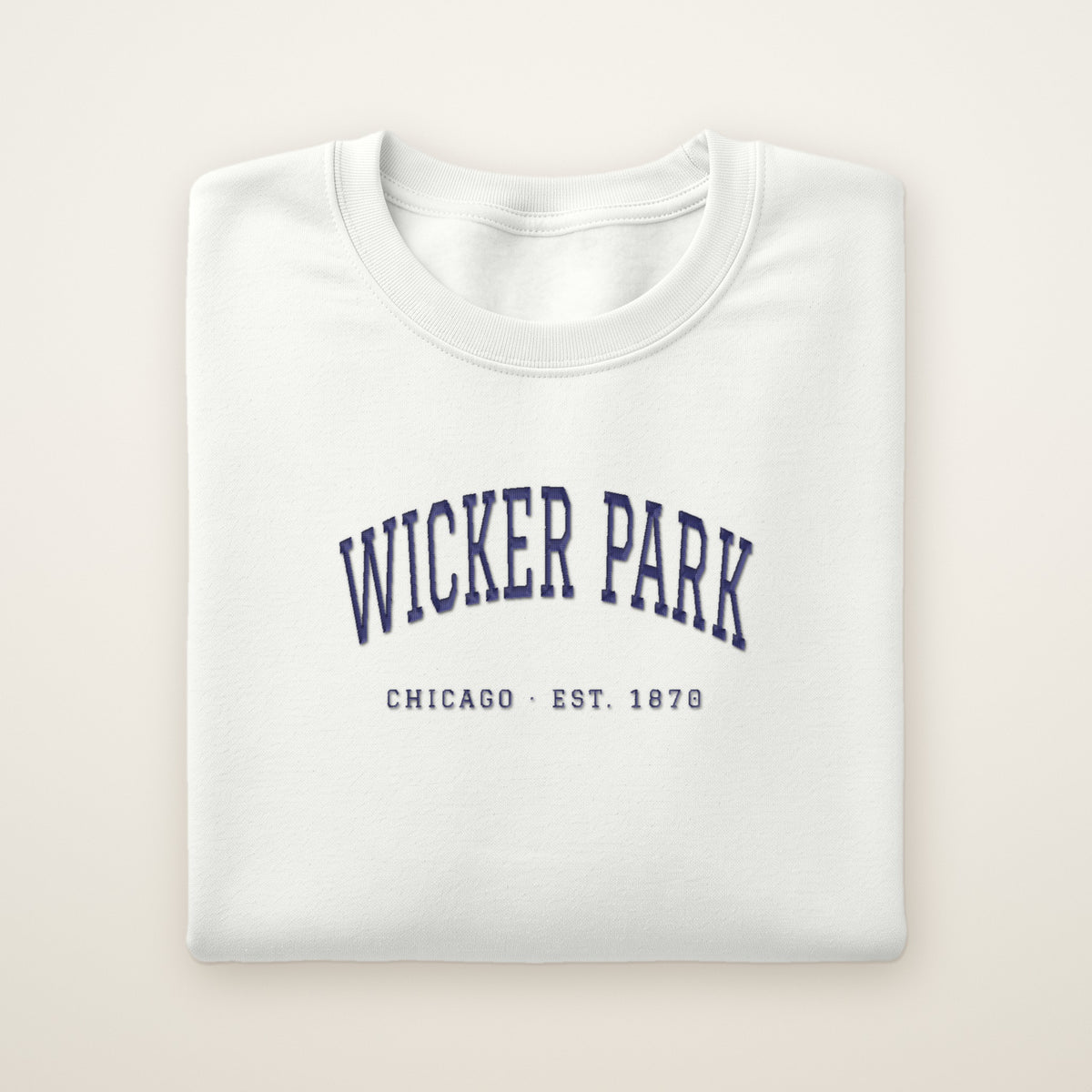 Wicker Park Chicago embroidered crewneck sweatshirt, White, navy embroidery