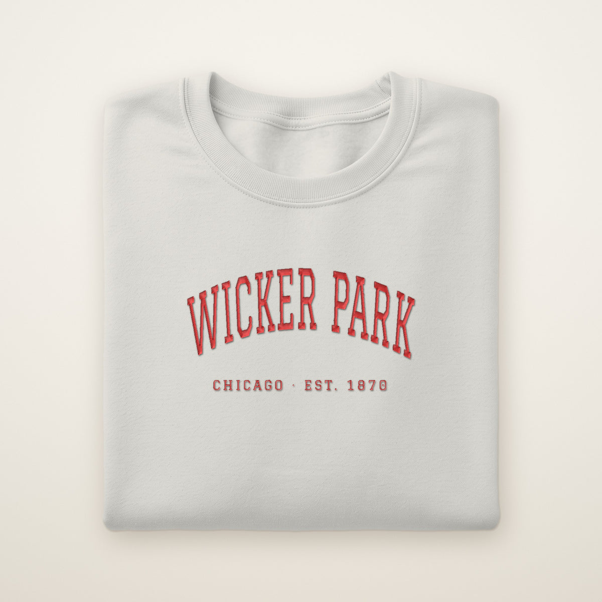 Wicker Park Chicago embroidered crewneck sweatshirt, Ash, red embroidery