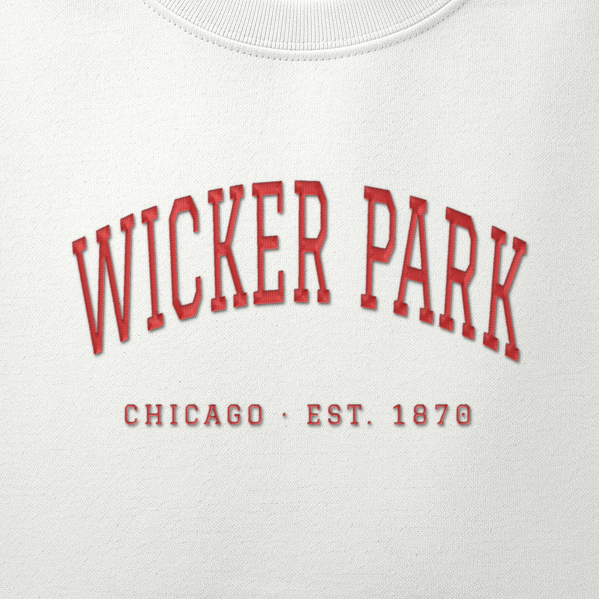 Close-up of red satin-stitch Wicker Park embroidery